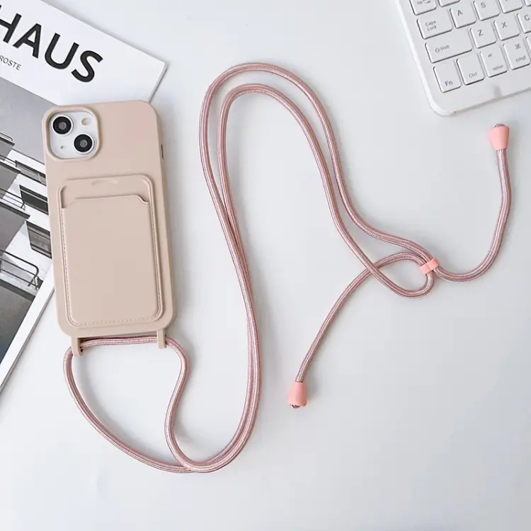 For iPhone 14 Pro Crossbody Lanyard Elastic Silicone Card Holder Phone Case(Pink)