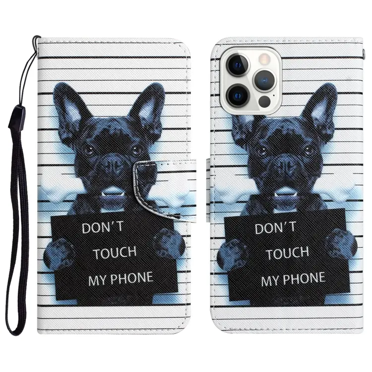 For iPhone 14 Pro Max Colored Drawing Leather Phone Case (Black Dog)