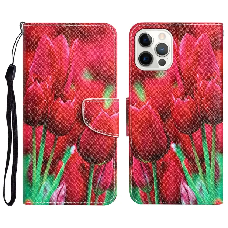 For iPhone 14 Pro Max Colored Drawing Leather Phone Case (Tulips)