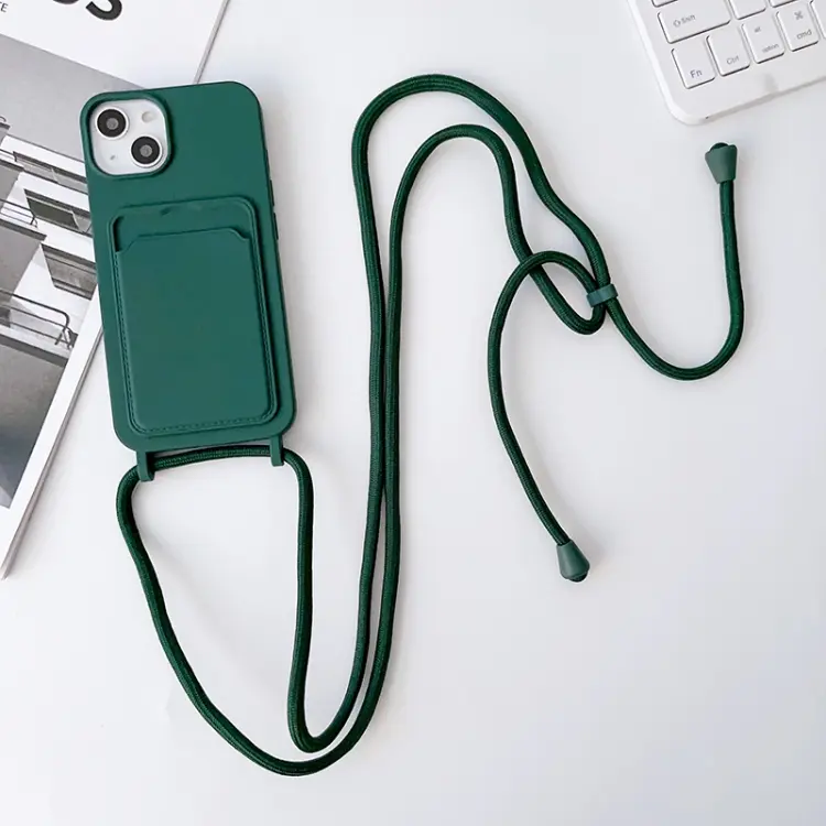 For iPhone 14 Pro Max Crossbody Lanyard Elastic Silicone Card Holder Phone Case(Dark Green)