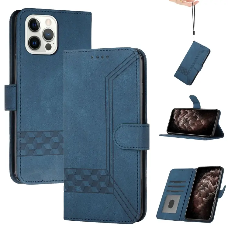 For iPhone 14 Pro Max Cubic Skin Feel Flip Leather Phone Case(Blue)