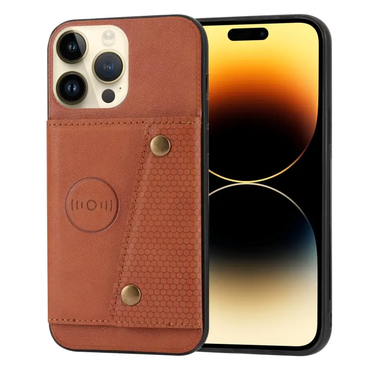 For iPhone 14 Pro Max Double Buckle Card Slots PU+TPU Phone Case (Brown)
