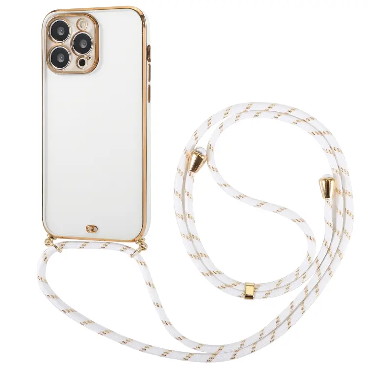 For iPhone 14 Pro Max Electroplated Two-color TPU Phone Case with Lanyard (White)