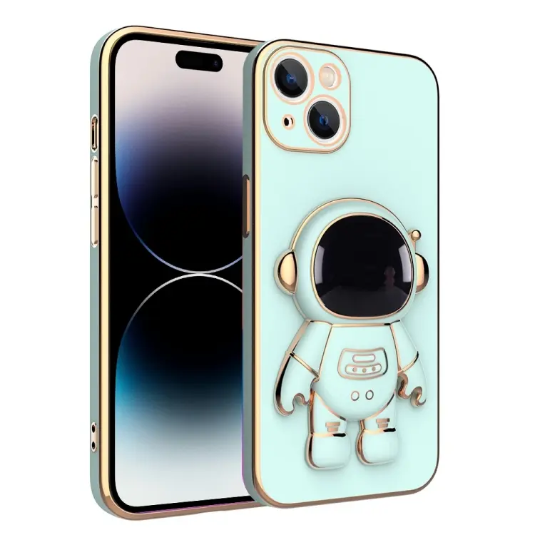 For iPhone 14 Pro Max Plating Astronaut Holder Phone Case (Matcha Green)