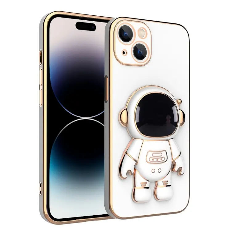 For iPhone 14 Pro Max Plating Astronaut Holder Phone Case (White)