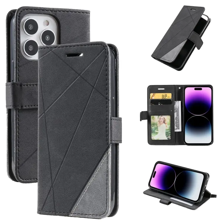 For iPhone 14 Pro Max Skin Feel Splicing Leather Phone Case(Black)