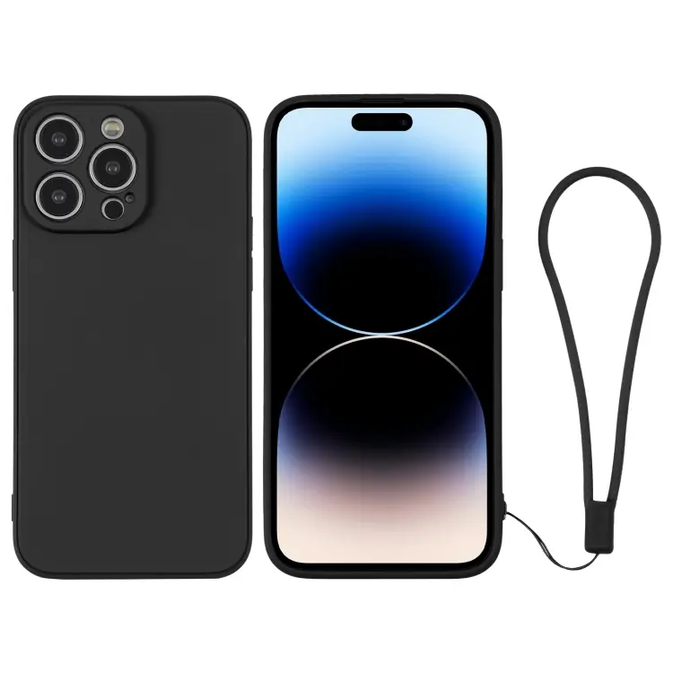 For iPhone 14 Pro Silicone Phone Case with Wrist Strap(Black)