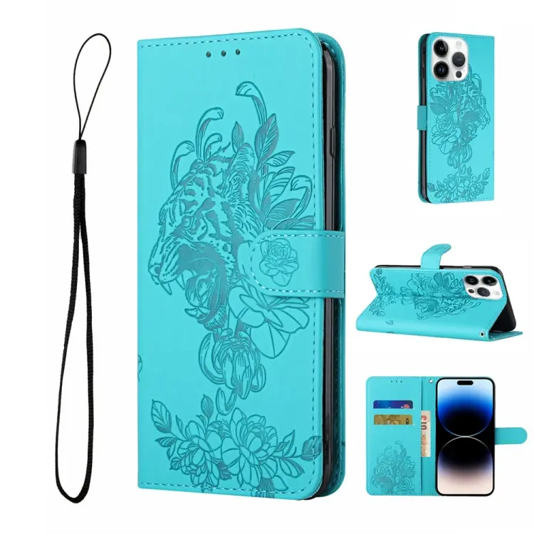 For iPhone 14 Pro Tiger Flower Embossing Leather Phone Case(Baby Blue)