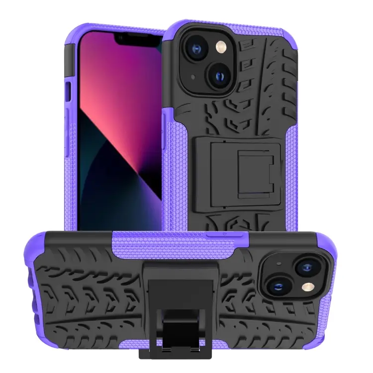 For iPhone 14 Tire Texture TPU + PC Phone Case with Holder (Purple)