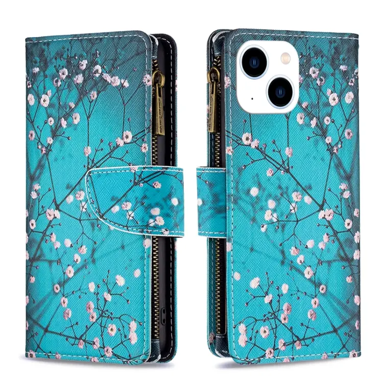 For iPhone 15 Colored Drawing Pattern Zipper Phone Leather Case(Plum Blossom)