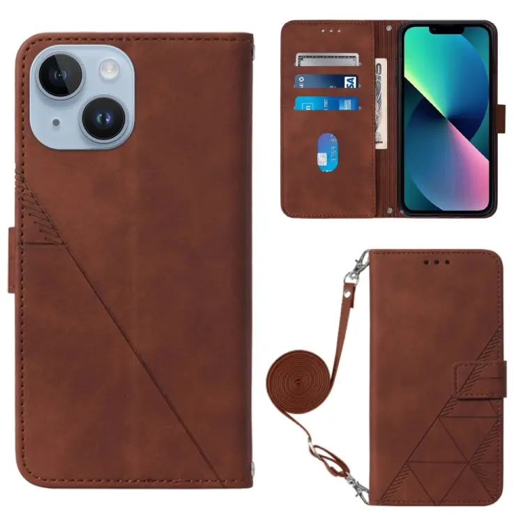 For iPhone 15 Crossbody 3D Embossed Flip Leather Phone Case(Brown)