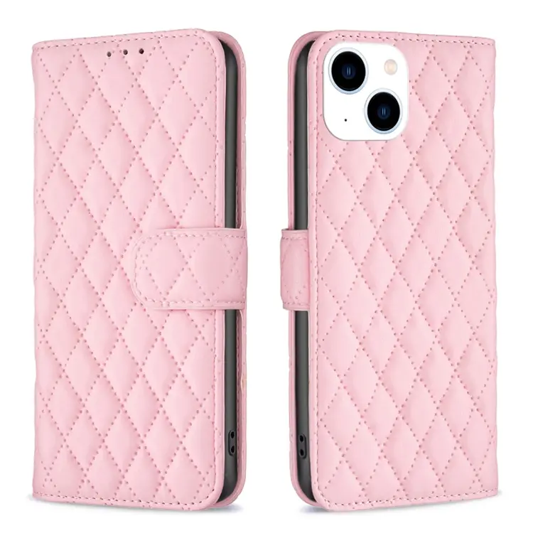 For iPhone 15 Diamond Lattice Wallet Flip Leather Phone Case(Pink)