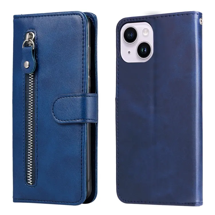 For iPhone 15 Fashion Calf Texture Zipper Leather Phone Case(Blue)