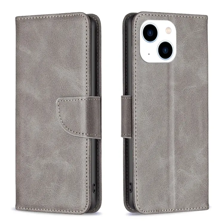 For iPhone 15 Lambskin Texture Pure Color Flip Leather Phone Case(Grey)