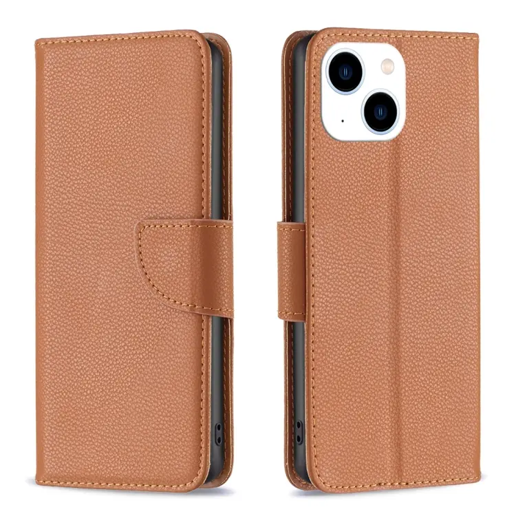 For iPhone 15 Litchi Texture Pure Color Flip Leather Phone Case(Brown)