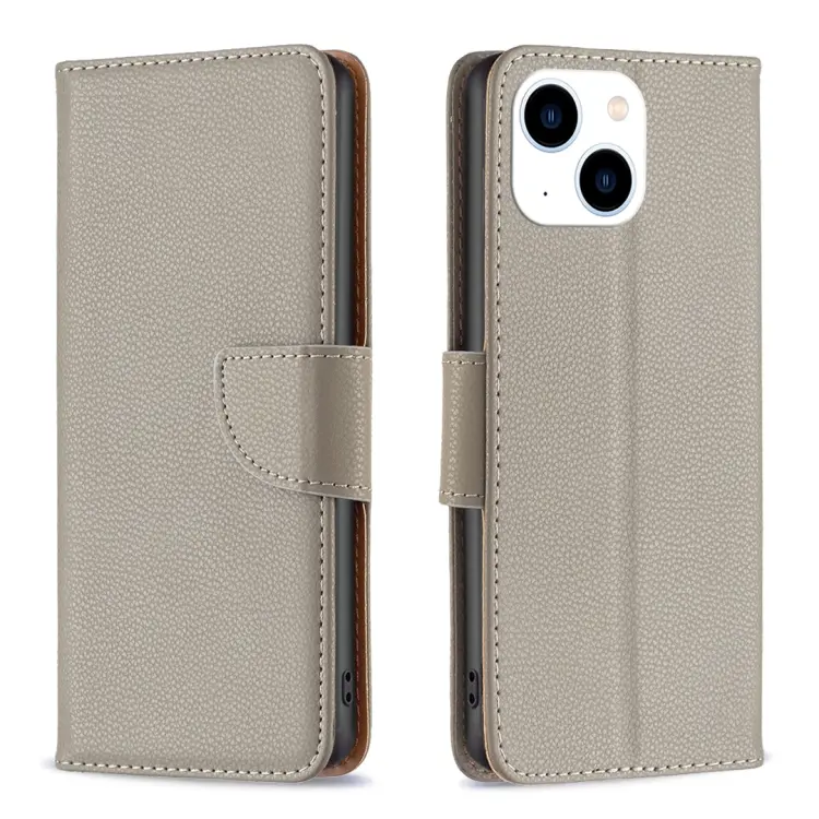 For iPhone 15 Litchi Texture Pure Color Flip Leather Phone Case(Grey)