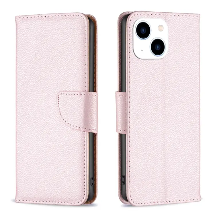 For iPhone 15 Litchi Texture Pure Color Flip Leather Phone Case(Rose Gold)