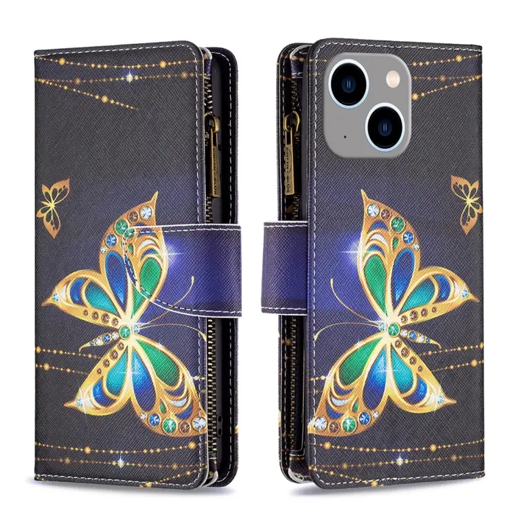For iPhone 15 Plus Colored Drawing Pattern Zipper Phone Leather Case(Big Butterfly)
