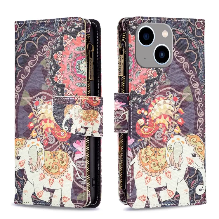 For iPhone 15 Plus Colored Drawing Pattern Zipper Phone Leather Case(Flower Elephant)