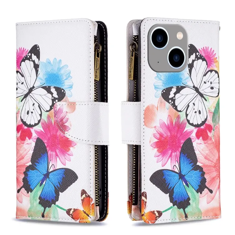 For iPhone 15 Plus Colored Drawing Pattern Zipper Phone Leather Case(Two Butterflies)