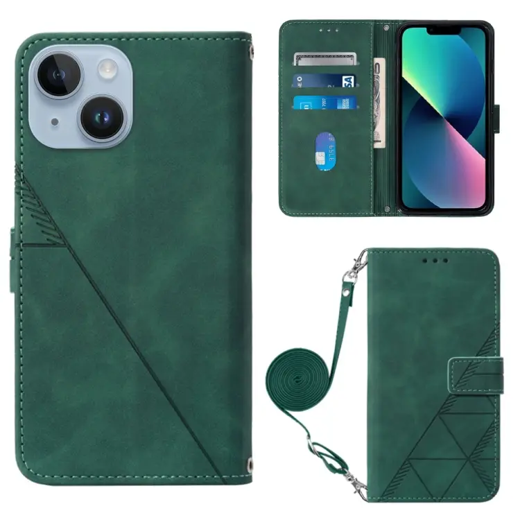 For iPhone 15 Plus Crossbody 3D Embossed Flip Leather Phone Case(Dark Green)