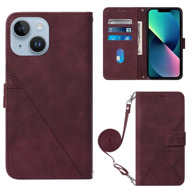 For iPhone 15 Plus Crossbody 3D Embossed Flip Leather Phone Case(Wine Red)