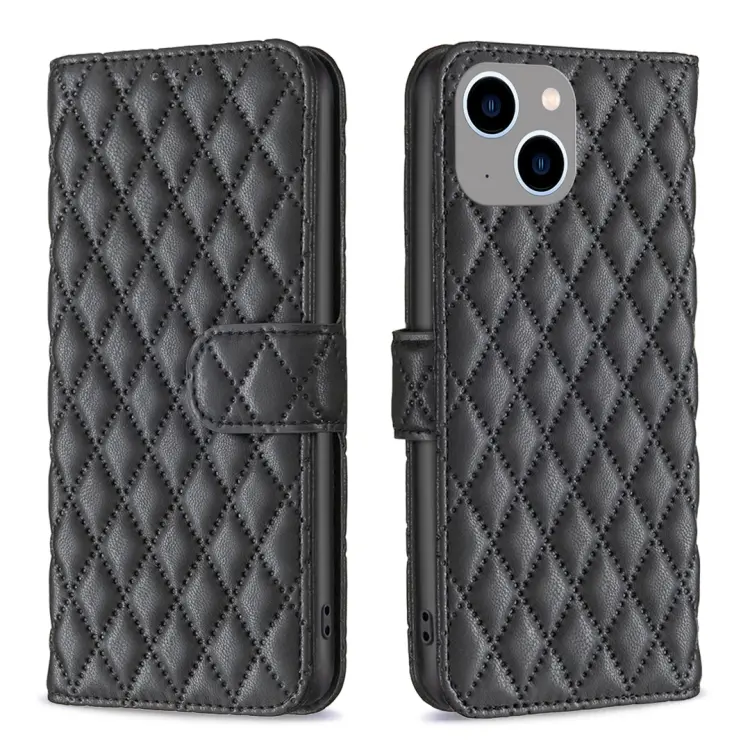 For iPhone 15 Plus Diamond Lattice Wallet Flip Leather Phone Case(Black)