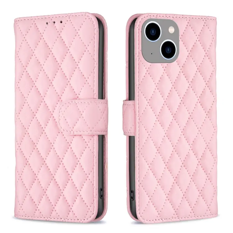 For iPhone 15 Plus Diamond Lattice Wallet Flip Leather Phone Case(Pink)