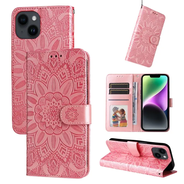 For iPhone 15 Plus Embossed Sunflower Leather Phone Case(Pink)