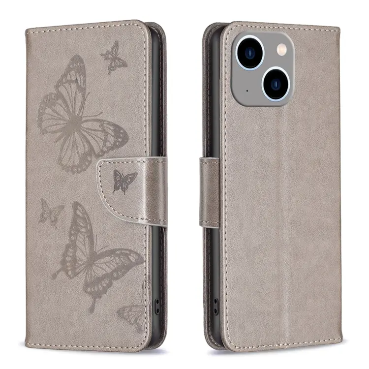 For iPhone 15 Plus Embossing Two Butterflies Pattern Leather Phone Case(Grey)