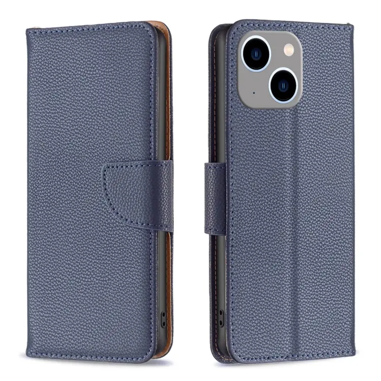 For iPhone 15 Plus Litchi Texture Pure Color Flip Leather Phone Case(Blue)
