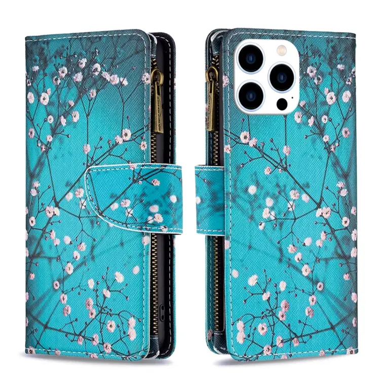 For iPhone 15 Pro Colored Drawing Pattern Zipper Phone Leather Case(Plum Blossom)