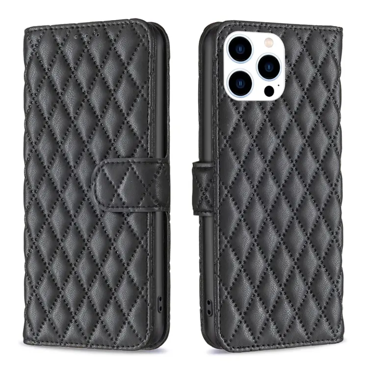For iPhone 15 Pro Diamond Lattice Wallet Flip Leather Phone Case(Black)