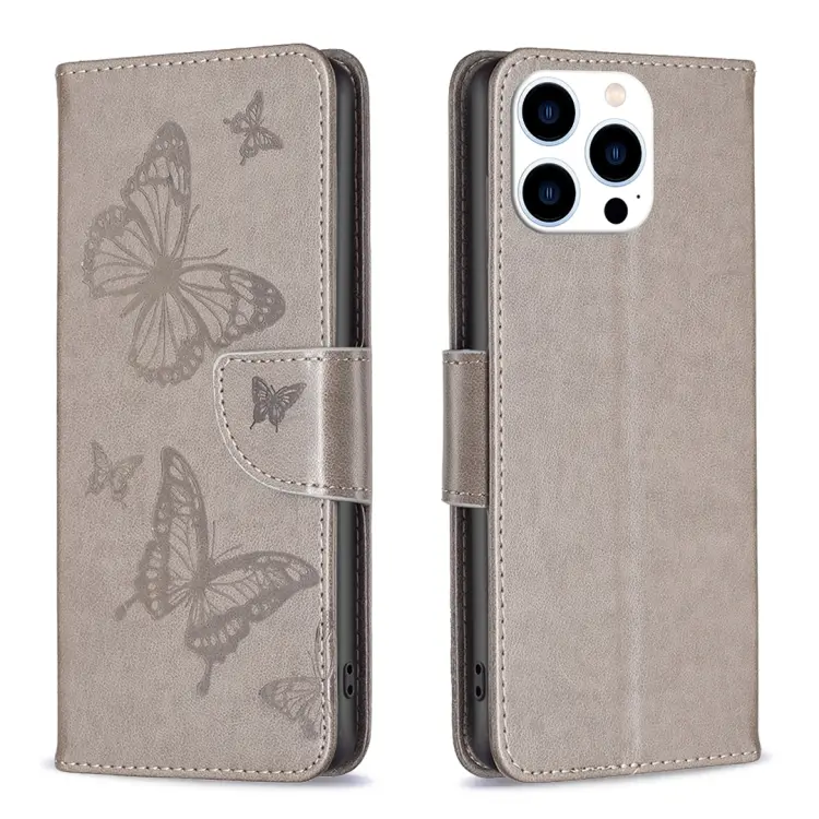 For iPhone 15 Pro Embossing Two Butterflies Pattern Leather Phone Case(Grey)