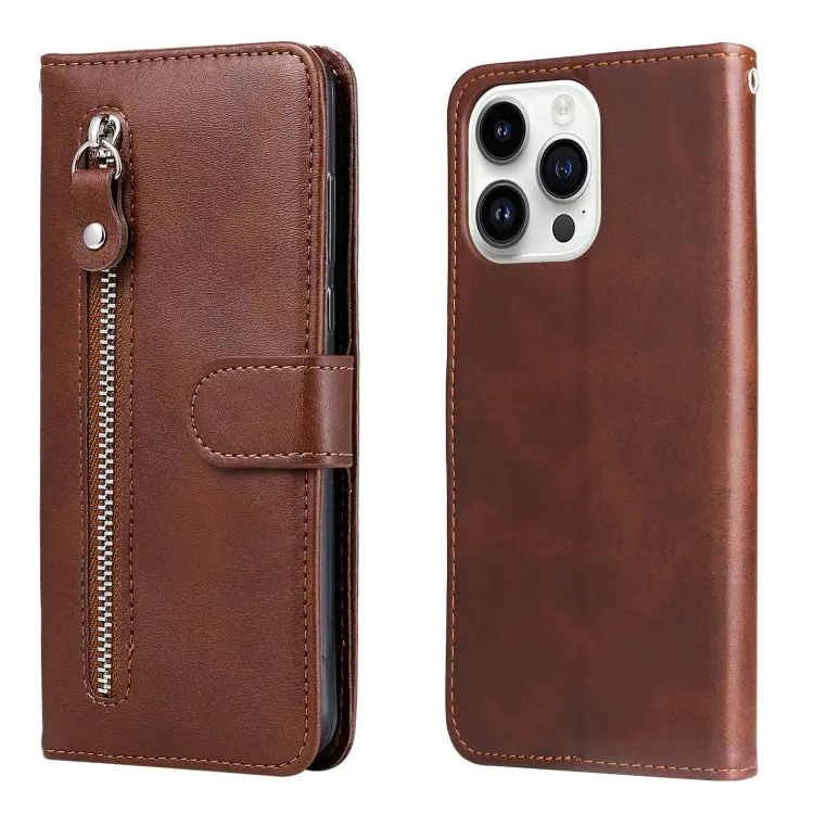 For iPhone 15 Pro Fashion Calf Texture Zipper Leather Phone Case(Brown)