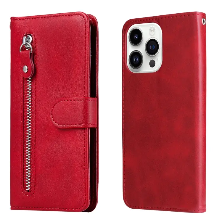 For iPhone 15 Pro Fashion Calf Texture Zipper Leather Phone Case(Red)