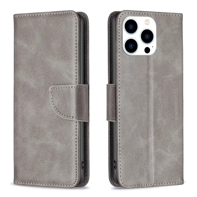 For iPhone 15 Pro Lambskin Texture Pure Color Flip Leather Phone Case(Grey)