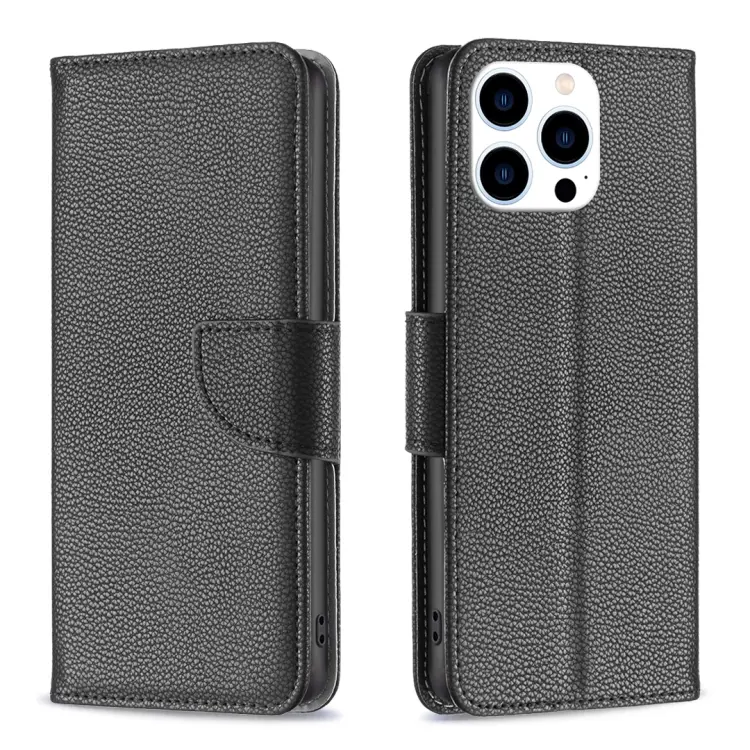 For iPhone 15 Pro Litchi Texture Pure Color Flip Leather Phone Case(Black)