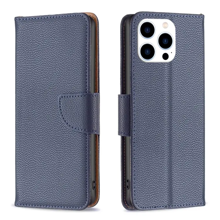 For iPhone 15 Pro Litchi Texture Pure Color Flip Leather Phone Case(Blue)