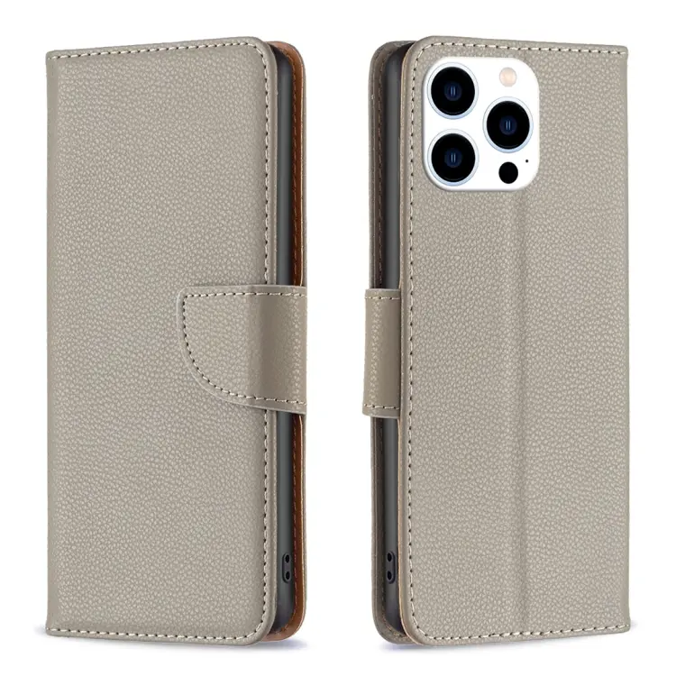 For iPhone 15 Pro Litchi Texture Pure Color Flip Leather Phone Case(Grey)