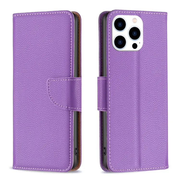 For iPhone 15 Pro Litchi Texture Pure Color Flip Leather Phone Case(Purple)