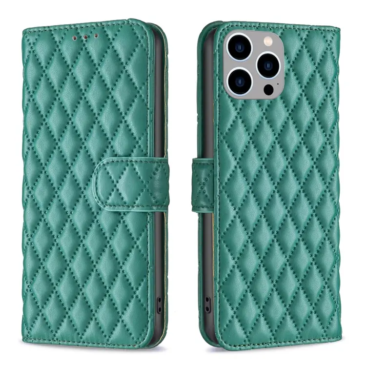 For iPhone 15 Pro Max Diamond Lattice Wallet Flip Leather Phone Case(Green)