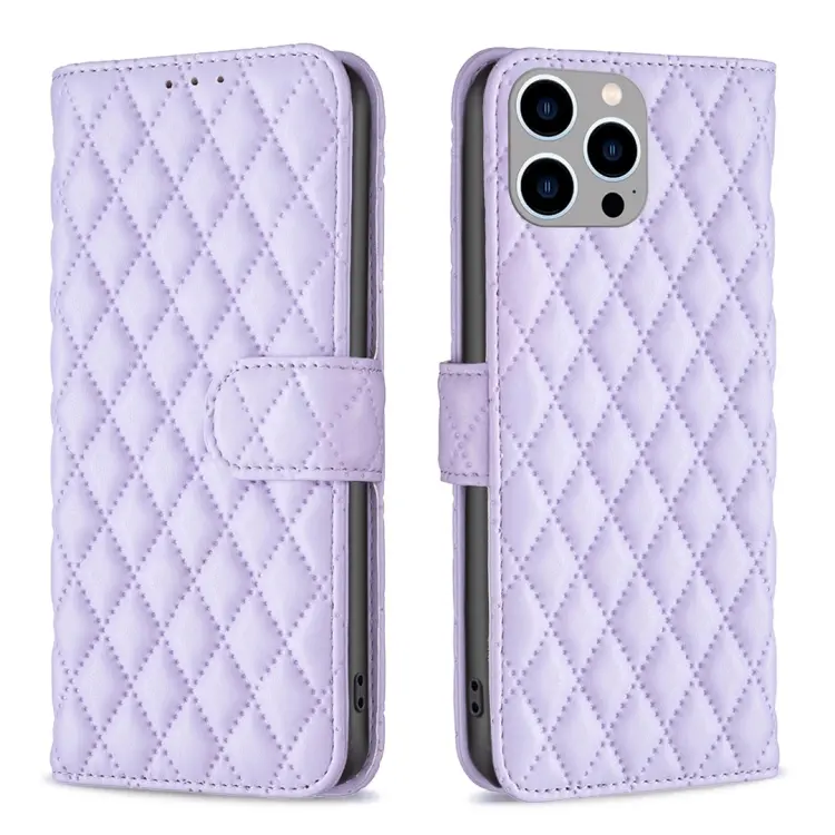 For iPhone 15 Pro Max Diamond Lattice Wallet Flip Leather Phone Case(Purple)