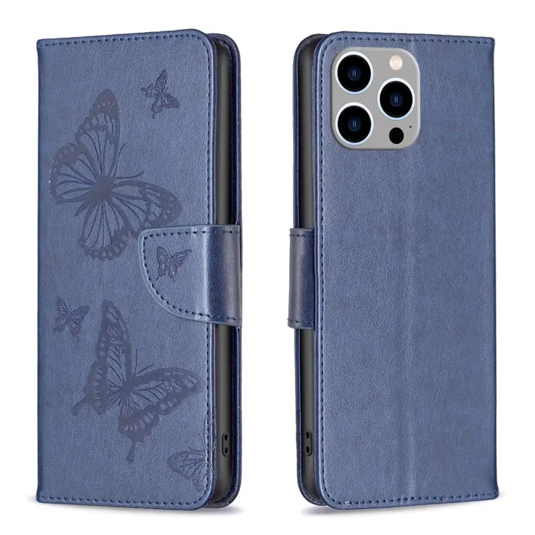 For iPhone 15 Pro Max Embossing Two Butterflies Pattern Leather Phone Case(Blue)