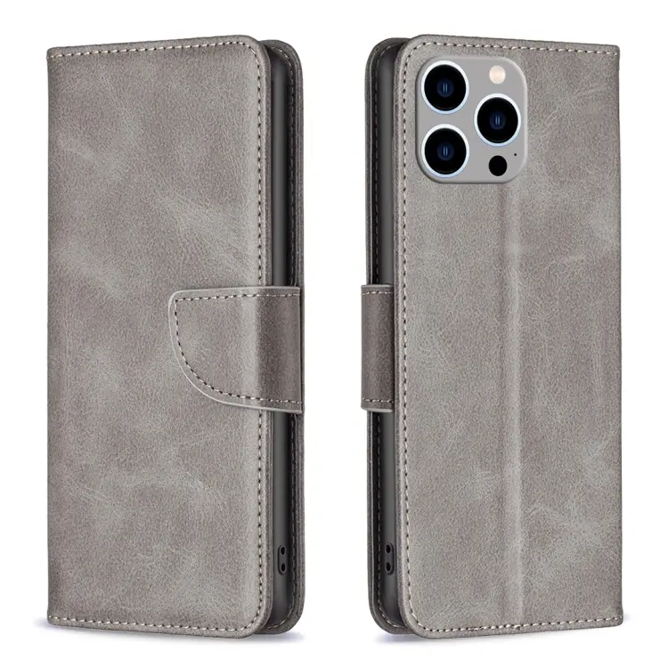 For iPhone 15 Pro Max Lambskin Texture Pure Color Flip Leather Phone Case(Grey)
