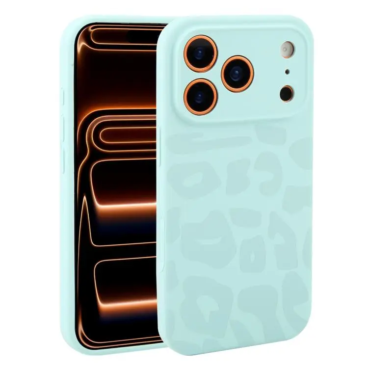 For iPhone 17 Pro Max Precision Hole Leopard Print Liquid Silicone Phone Case(Light Cyan)