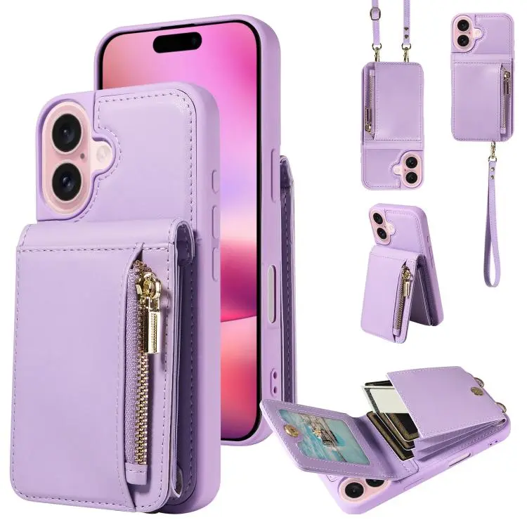 For iPhone 18 / 17 Crossbody Lanyard Zipper Wallet Leather Phone Case(Purple)