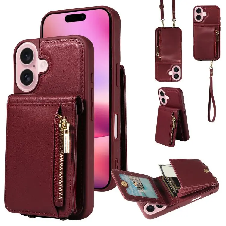 For iPhone 18 / 17 Crossbody Lanyard Zipper Wallet Leather Phone Case(Wine Red)