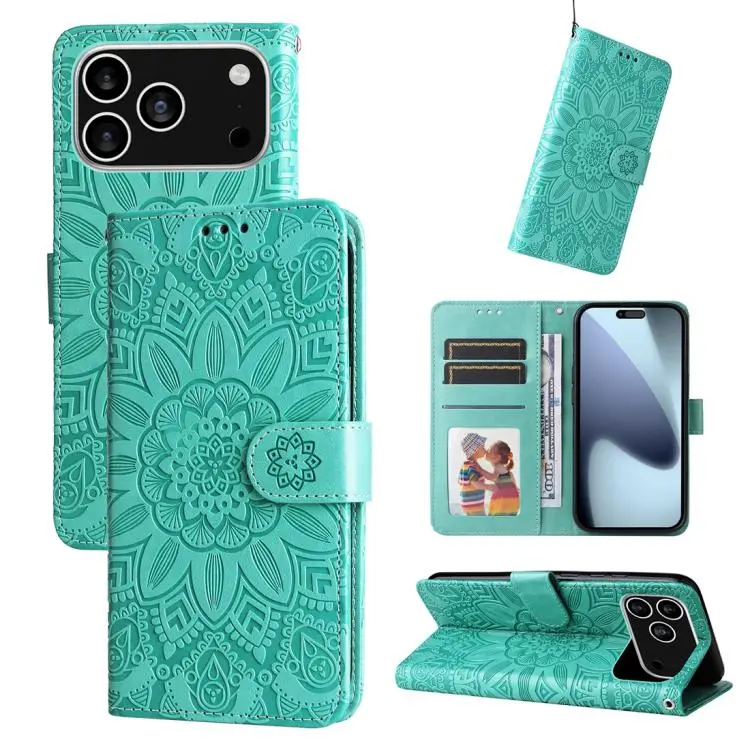 For iPhone 18 Pro / 17 Pro Embossed Sunflower Leather Phone Case(Green)