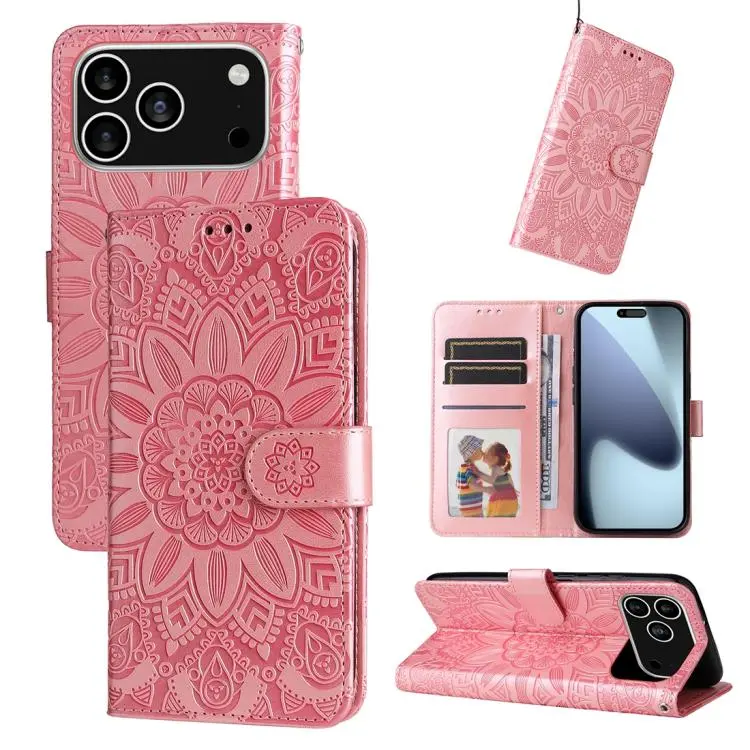 For iPhone 18 Pro / 17 Pro Embossed Sunflower Leather Phone Case(Pink)